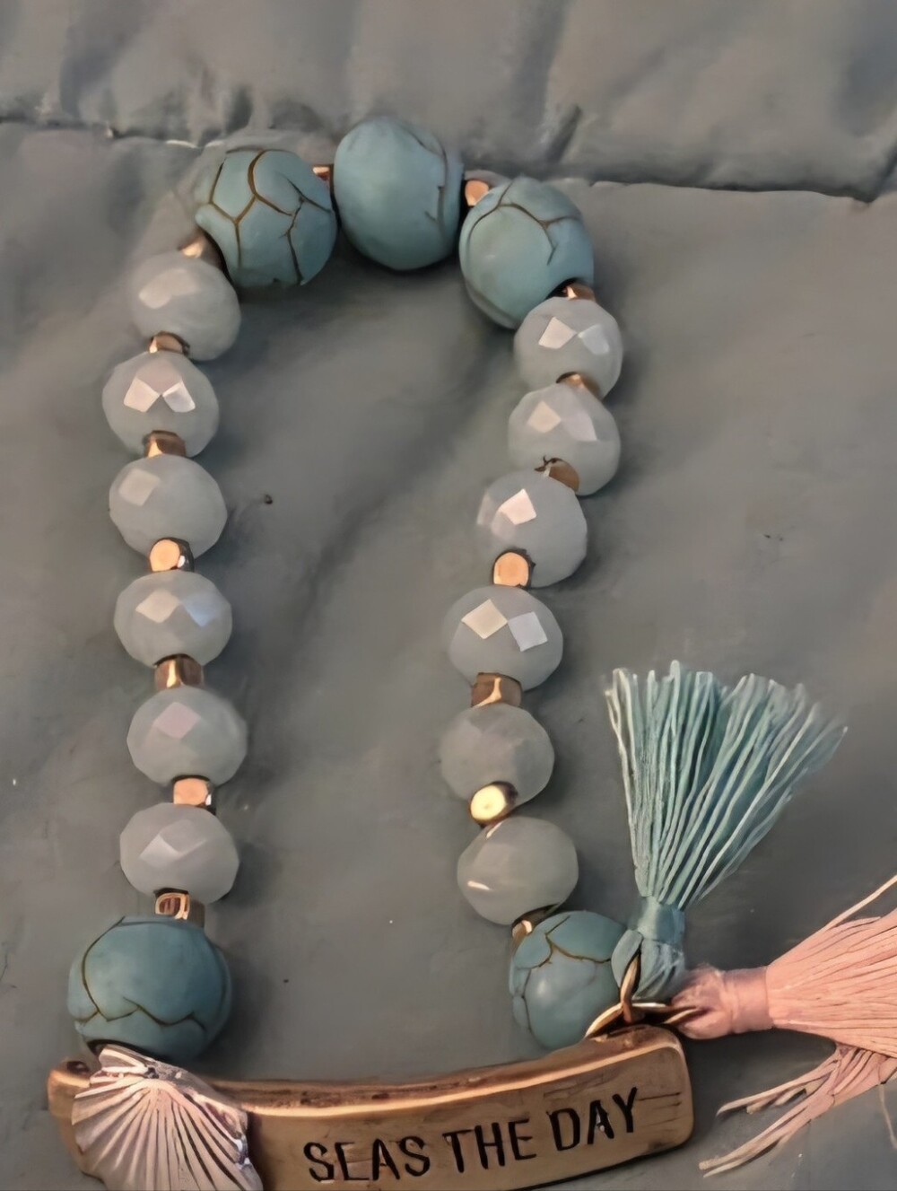 Beaded Tassel Stretch Bracelet - Light Blue & Turquoise